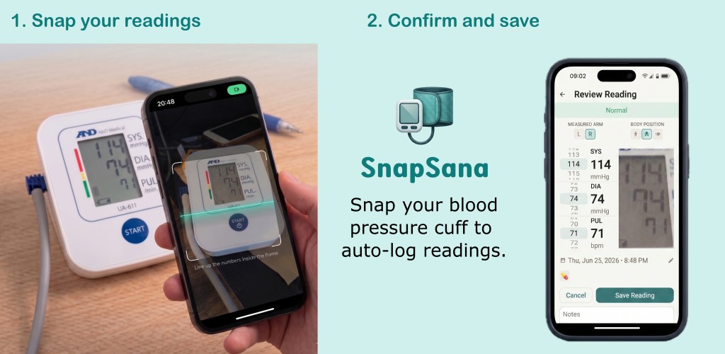 How SnapSana works: snap your readings, then confirm and save
